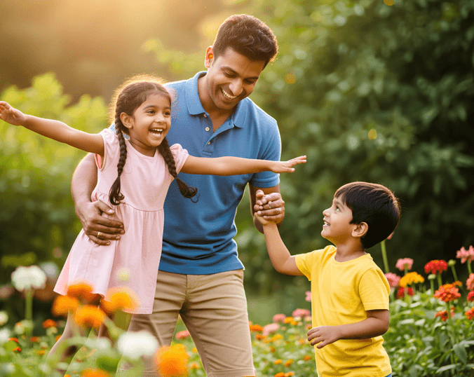 A father playing with his children in a garden